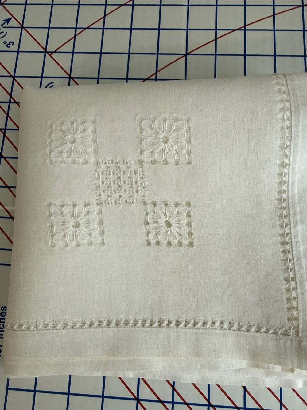 Vintage White Linen Madeira Style Table Topper 34 x 32 Drawn Thread Cutwork